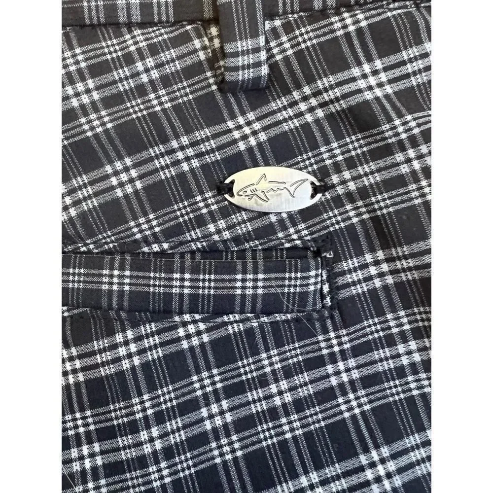 Greg Norman Shark Black White Plaid Golf Flat Front Golf Shorts Size 32